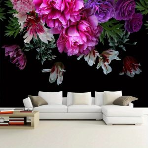 Contemporary Purple Peony & Tropical Leaves Paper Wall Mural ?C Botanical Rose Flower Bedroom Wallpaper ?C Non-Adhesive Large Wall Art Decor 98.42