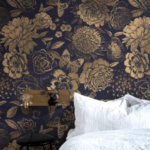 1pc Golden Floral Self-Adhesive Wallpaper, 17.7in*118in, Removable Black Background Wallpaper, Decorative Sticker For Living Room Bedroom Wall Furniture Renovation