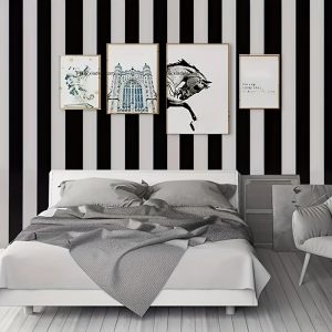 Self-Adhesive Black and White Vertical Striped Wallpaper Vinyl Waterproof Detachable for Living Room, Bedroom, Dorm, and Furniture Renovation - Shapes and Stripes Style with Random Match Pattern Feature