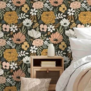 1pc, 17.7*118in, Large Flower Wallpaper, Vintage Floral Peel and Stick Wallpaper, Daisy Floral Leaf Wallpaper, Removable Wallpaper, Dark Floral Self Adhesive Wallpaper for Bedroom Living Roon Home Decor