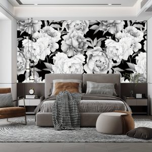 Elegant Black & White Peony Floral Wallpaper - Watercolor Leaf Mural For Living Room, Bedroom, Bathroom Decor | Vintage Flower Design | Easy Install With Heavy Duty Adhesive