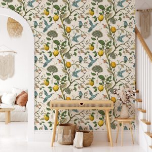 1pc Bluebird Self-Adhesive Wallpaper, Fresh Lemon Tree Wallpaper, 17.7in*118in, Removable Wallpaper, Renovation Decor For Living Room Bedroom Wall Furniture, Fall Aesthetic Wall Decor