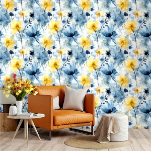 Removable Yellow Floral Printed Wallpaper: 17.72inch x 118.11inch, PVC Blue Watercolor Style, Easy DIY Installation for Kitchen, Walls, Apartment, Bedroom Decorating and Renovating