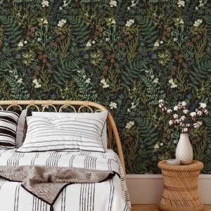 1pc Green Plant Flower Self Adhesive Wallpaper, 17.7in*118in, Removable Black Background Wallpaper, Decorative Stickers For Living Room Bedroom Wall Furniture Renovation, Fall Aesthetic Wall Decor